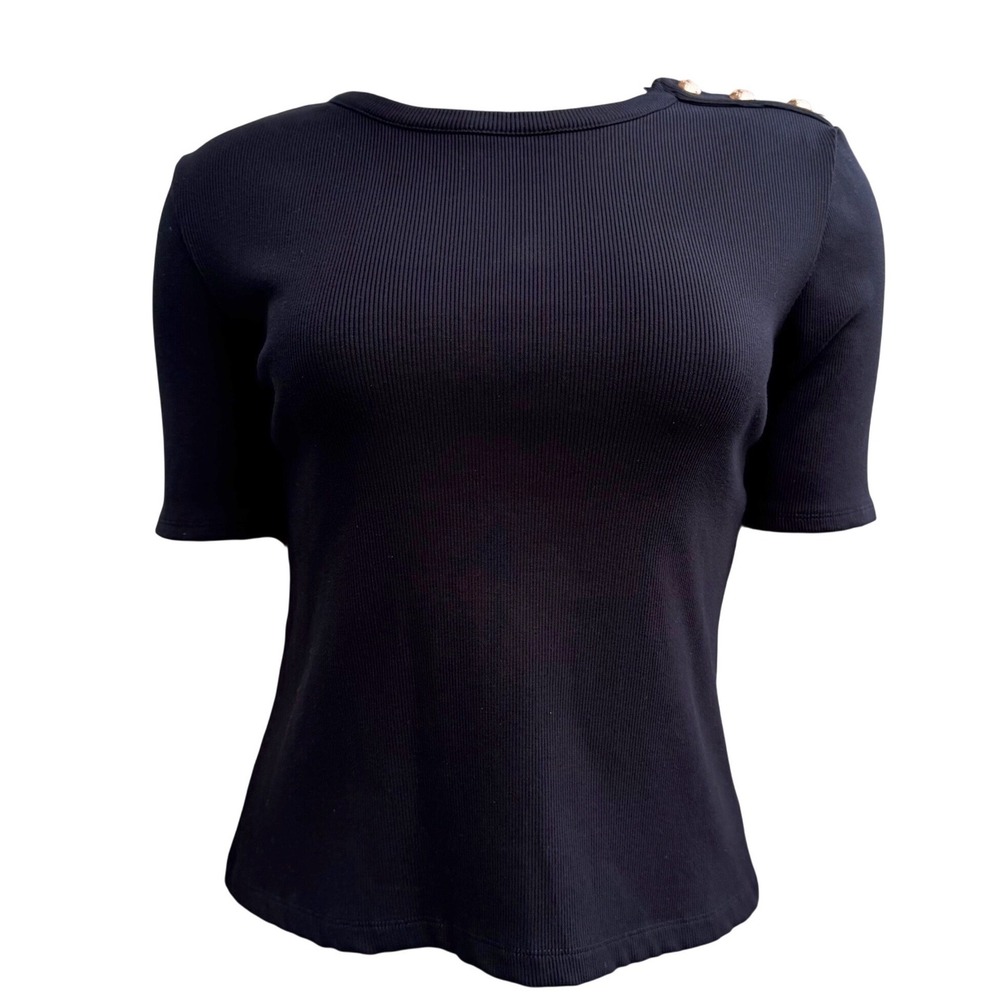 Tahari Ribbed Knit Top Gold Crest Shoulder Buttons Preppy Nautical Black XL